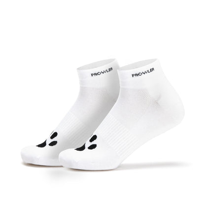 Pair of white socks with black paw prints and 'Prowler' branding on a white background