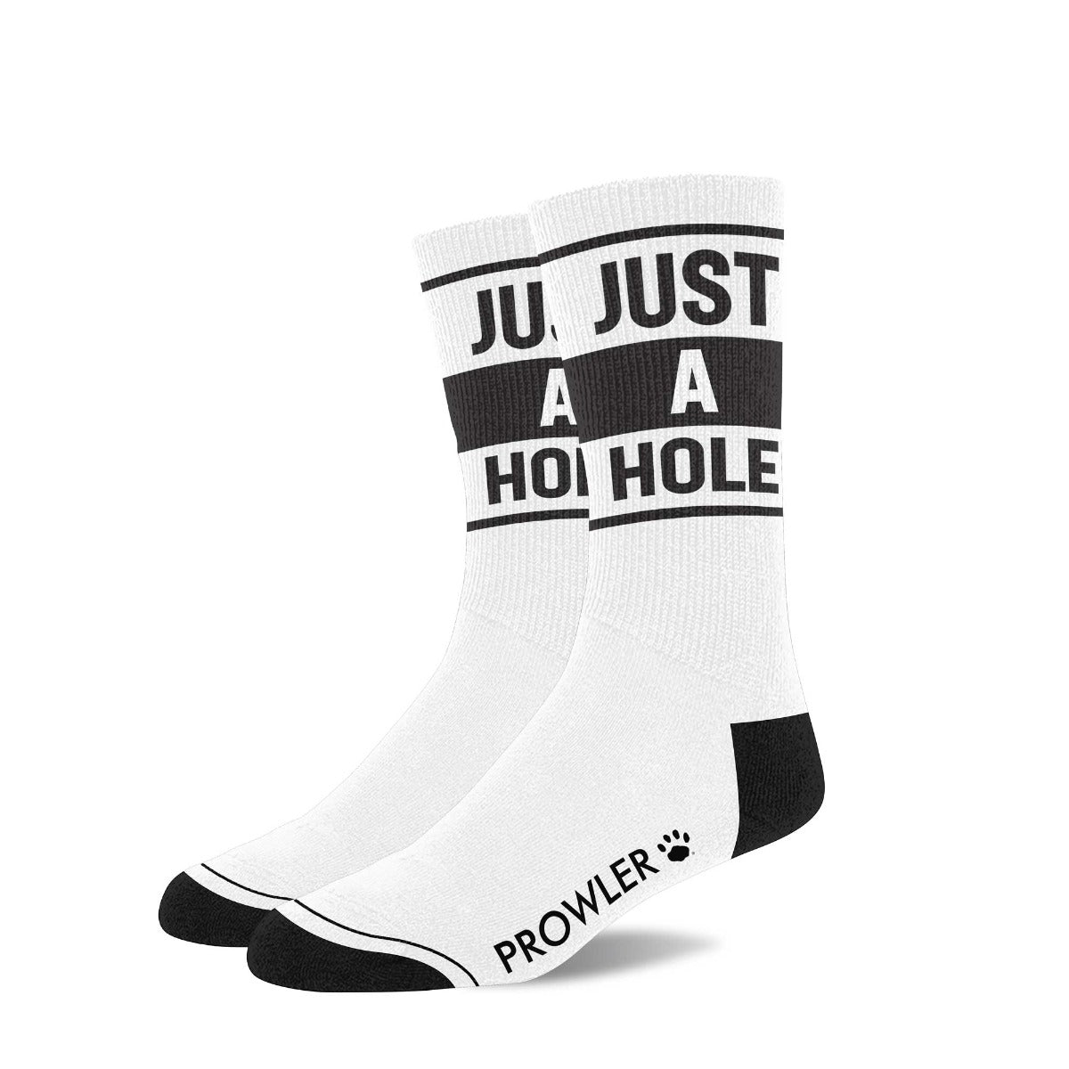 White socks with black text and branding on a white background
