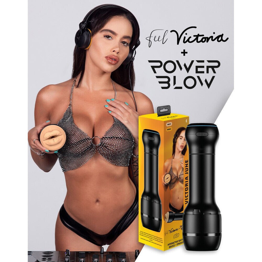 Woman holding a mouth shaped masturbator with 'Victoria' and 'Power Blow' branding, alongside the product and packaging.