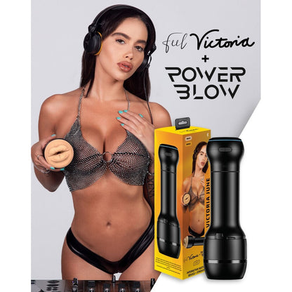 Woman holding a mouth shaped masturbator with 'Victoria' and 'Power Blow' branding, alongside the product and packaging.