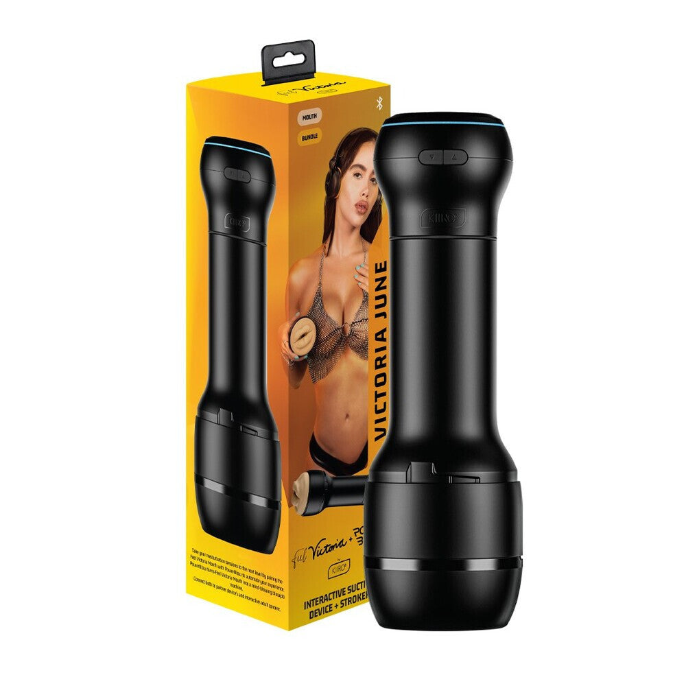 Black electronic device with 'Victoria June' branding next to its packaging on a white background
