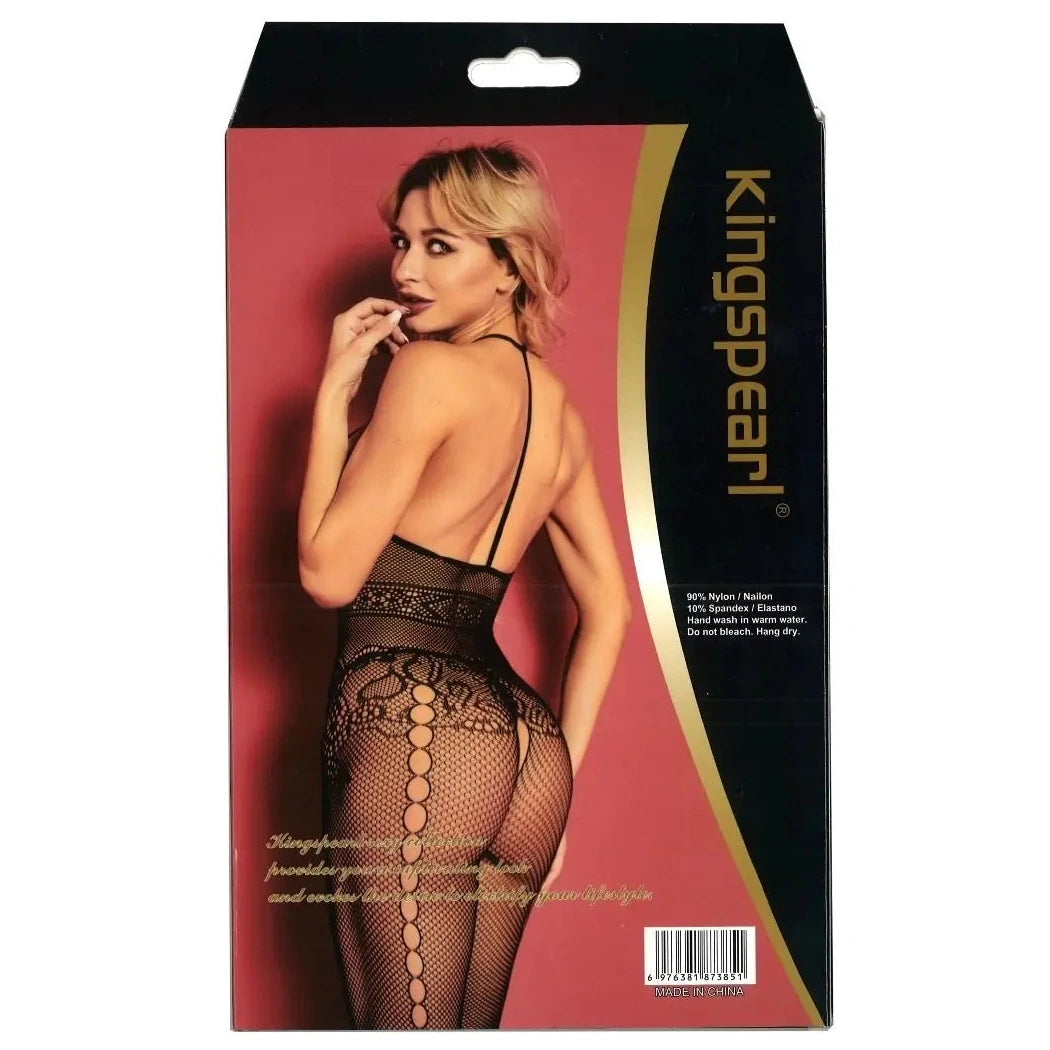 Kingspear lingerie packaging with a model wearing fishnet stockings on a white background