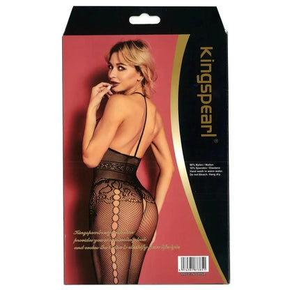 Kingspear lingerie packaging with a model wearing fishnet stockings on a white background