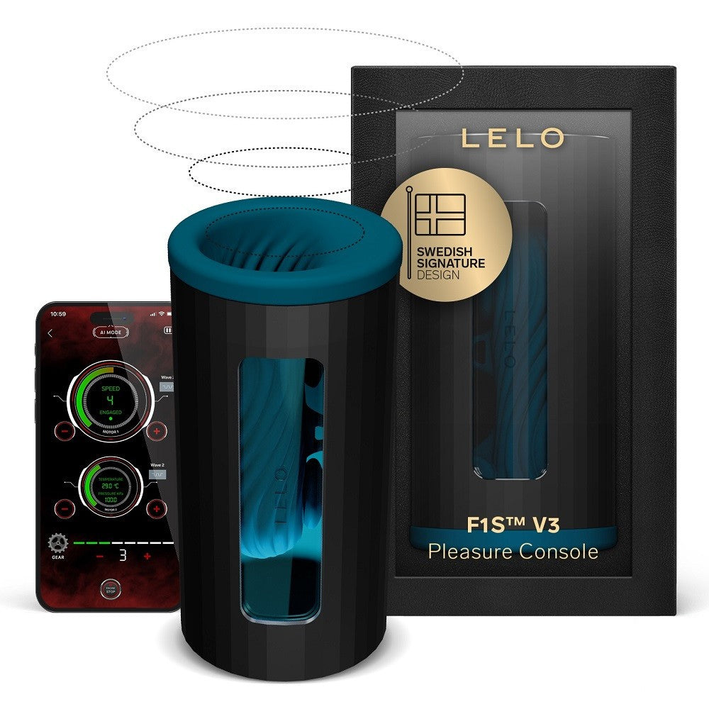 LELO F1S V3 Pleasure Console with packaging and remote control on a white background