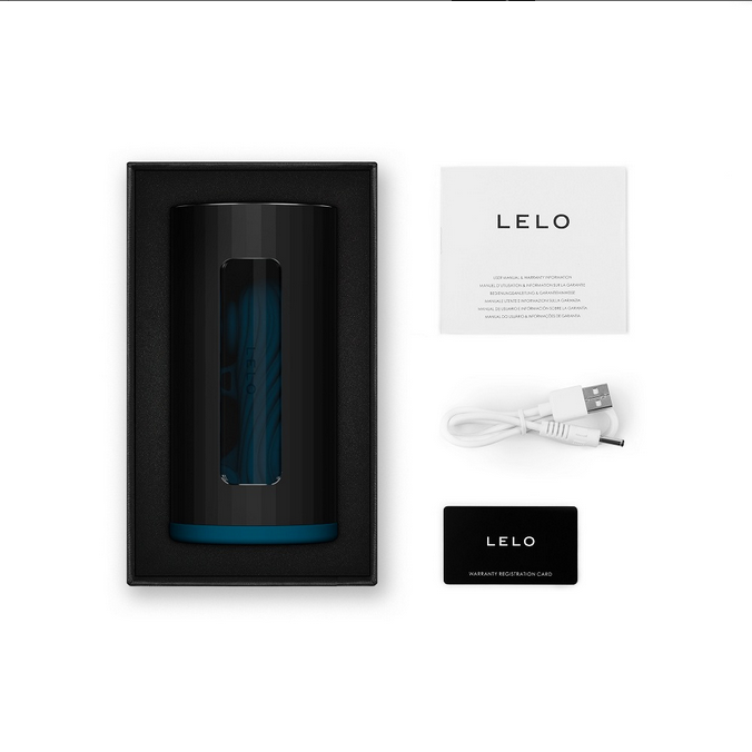 LELO product packaging with black box, blue device, USB cable, and warranty card on a white background