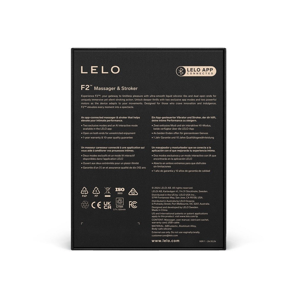 Black box packaging of Lelo F2 Massager & Stroker on a white background