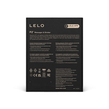 Black box packaging of Lelo F2 Massager & Stroker on a white background