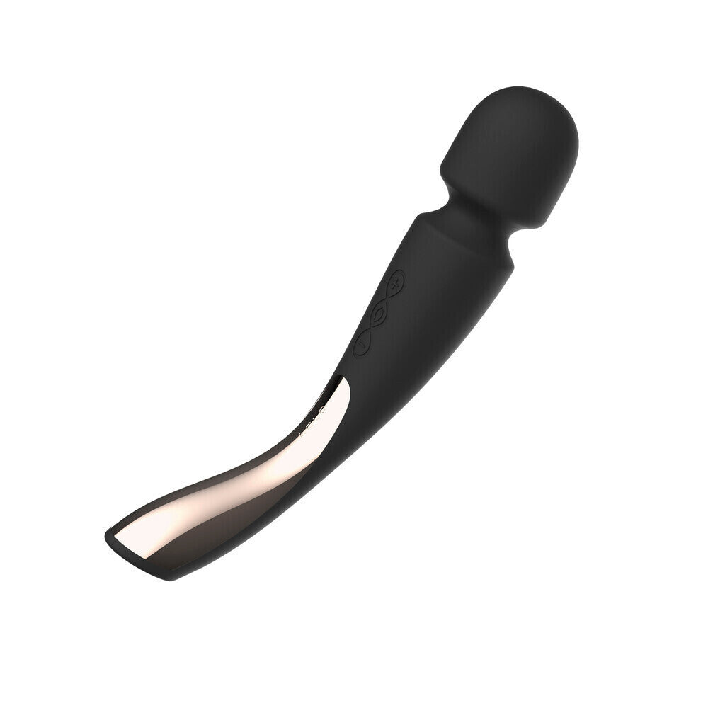 Black handheld electronic massage wand on a white background