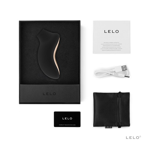 LELO product packaging with device, USB cable, and pouch on a white background