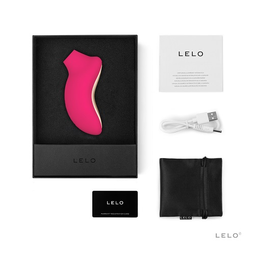 LELO product with packaging, USB cable, and pouch on a white background