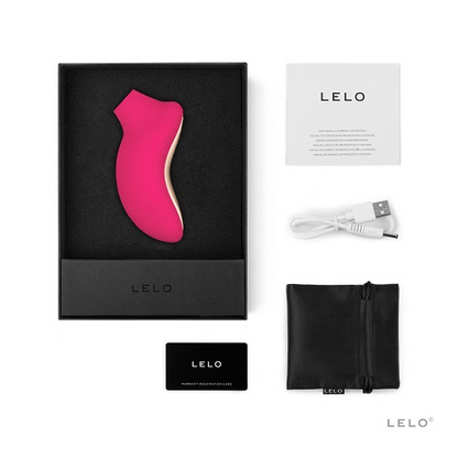 LELO product with packaging, USB cable, and pouch on a white background