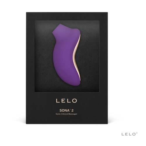 Purple massager in a black box with 'LELO' branding on a white background
