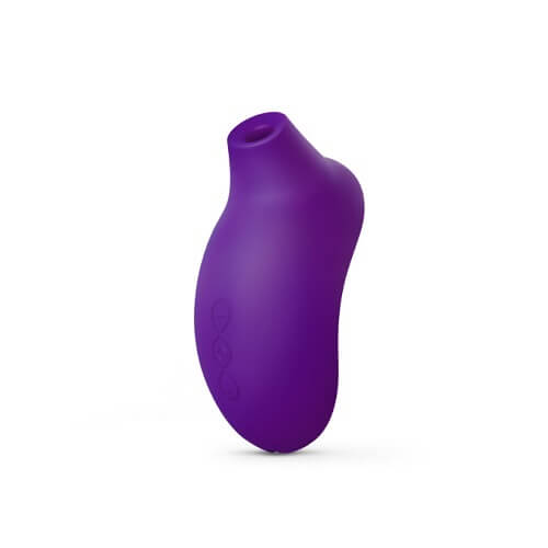 Purple silicone clitoral massager on a white background