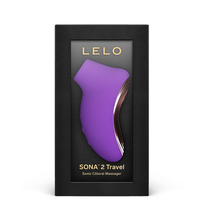 Purple SONA 2 Travel Sonic Clitoral Massager in a black box with 'LELO' branding.