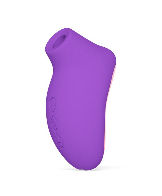 Purple and pink silicone massager on a white background