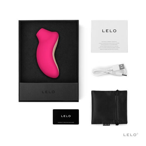 LELO product with packaging, USB cable, and pouch on a white background
