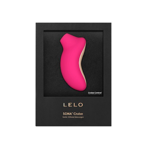 Pink electronic device in a black box with 'LELO' branding on a white background