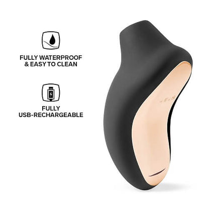 Black and gold electronic massage device with waterproof and rechargeable features on a white background