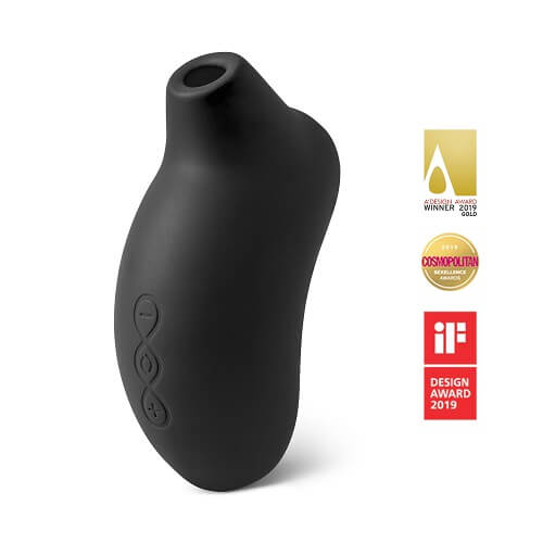 Black silicone massage product with design awards on a white background