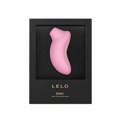 Pink clitoral massager in a black box with 'LELO' branding on a white background