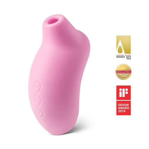Pink silicone vibrator with design awards on a white background