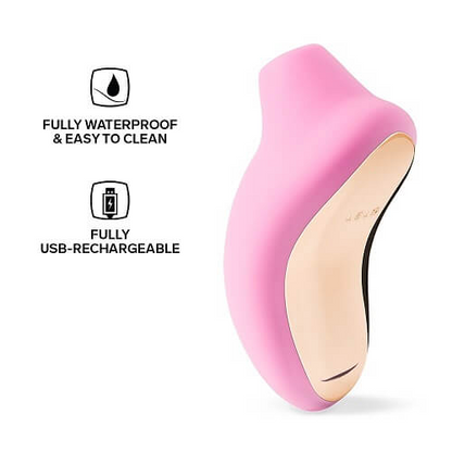 Pink and gold device with waterproof and rechargeable features on a white background