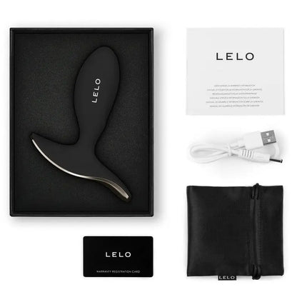 LELO product packaging with black device, USB cable, and pouch on a white background