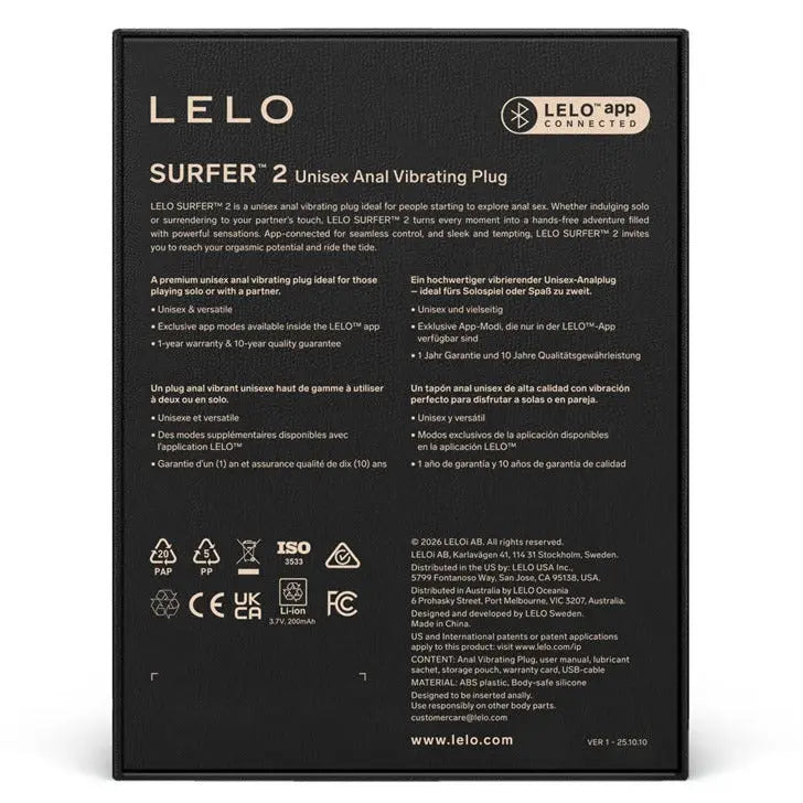 Black packaging of Lelo Surfer 2 Unisex Anal Vibrating Plug with product details on a white background