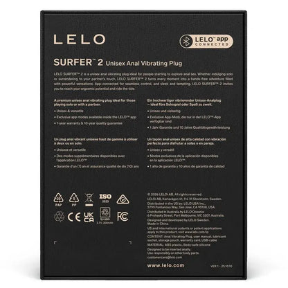 Black packaging of Lelo Surfer 2 Unisex Anal Vibrating Plug with product details on a white background
