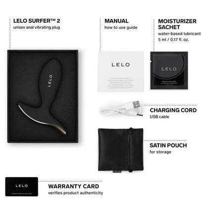 LELO product set with packaging, USB cable, and warranty card on a white background