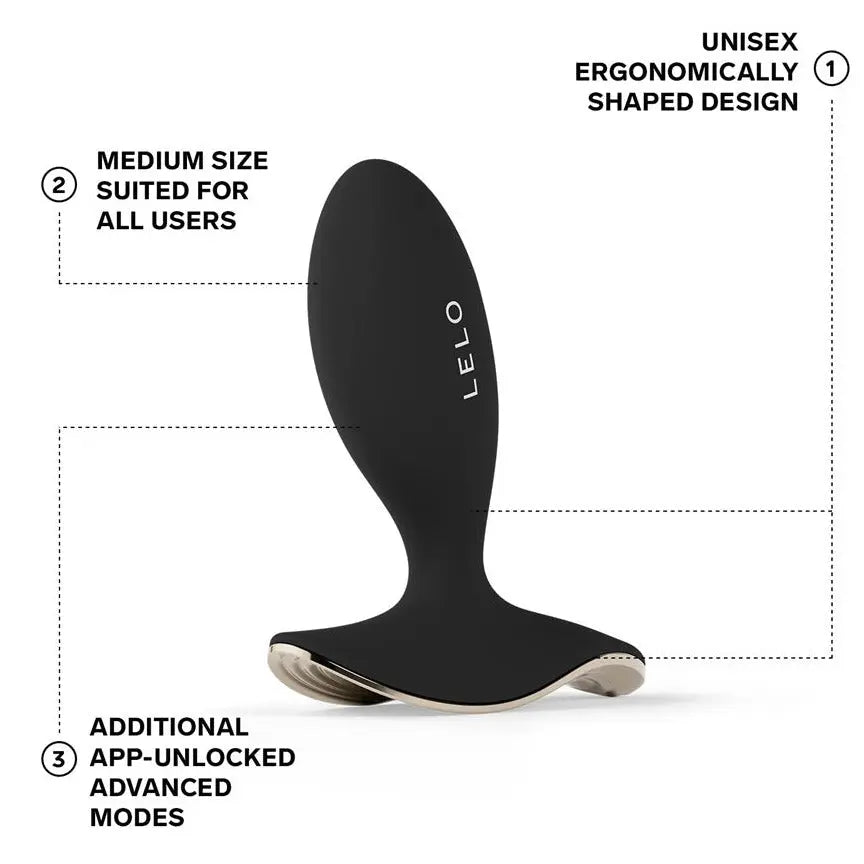 Black ergonomic device with Lelo branding on a white background, featuring text about its features.