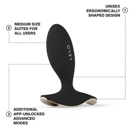 Black ergonomic device with Lelo branding on a white background, featuring text about its features.