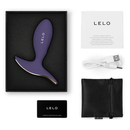 LELO product packaging with black device, USB cable, and accessories on a white background