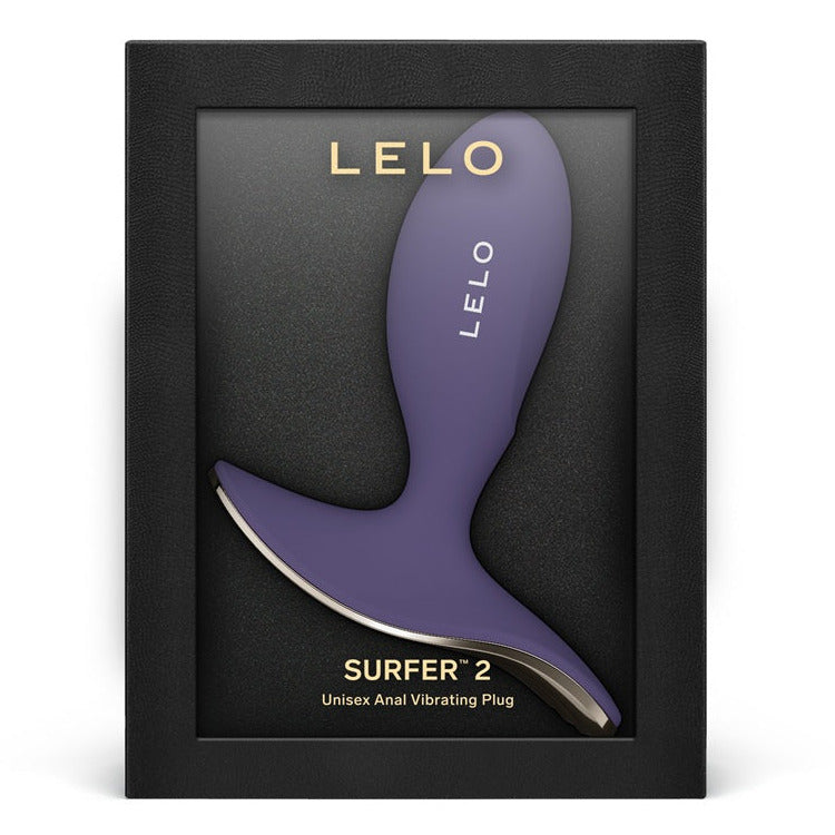 Purple 'LELO Surfer 2' product in a black box on a white background