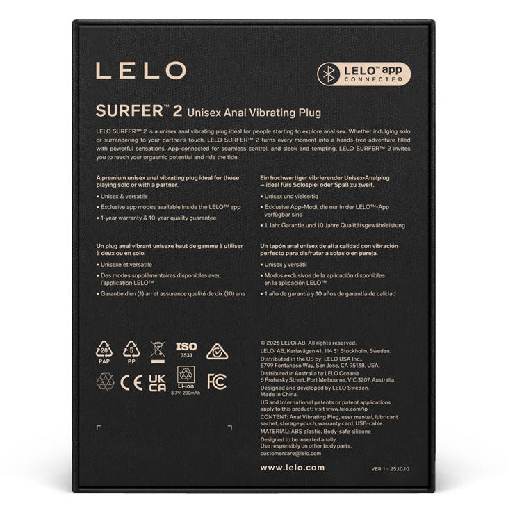 Black packaging of Lelo Surfer 2 Unisex Anal Vibrating Plug with product details on a white background