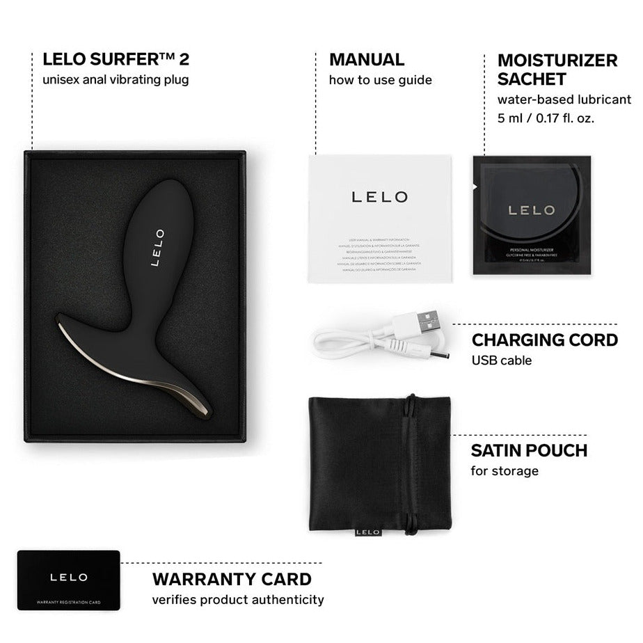 LELO product set with packaging, USB cable, and warranty card on a white background