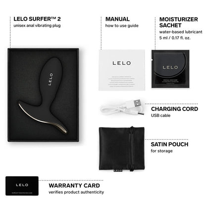 LELO product set with packaging, USB cable, and warranty card on a white background