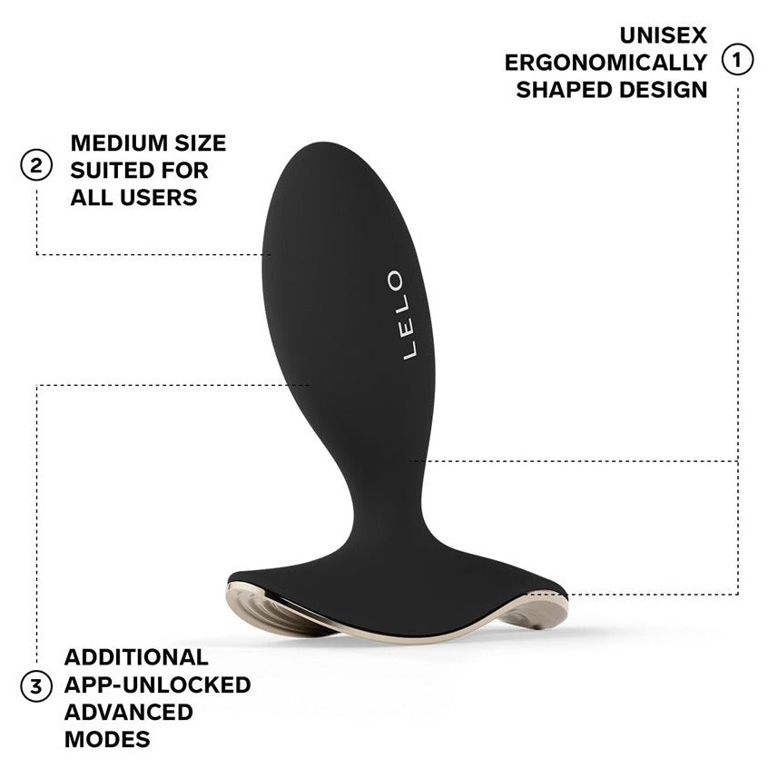 Black ergonomic device with Lelo branding on a white background, featuring text about its features.