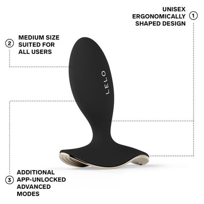Black ergonomic device with Lelo branding on a white background, featuring text about its features.