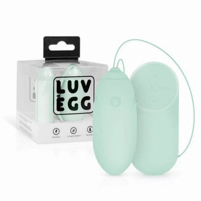 Mint green egg-shaped massage product with packaging labeled 'LUV EGG' on a white background