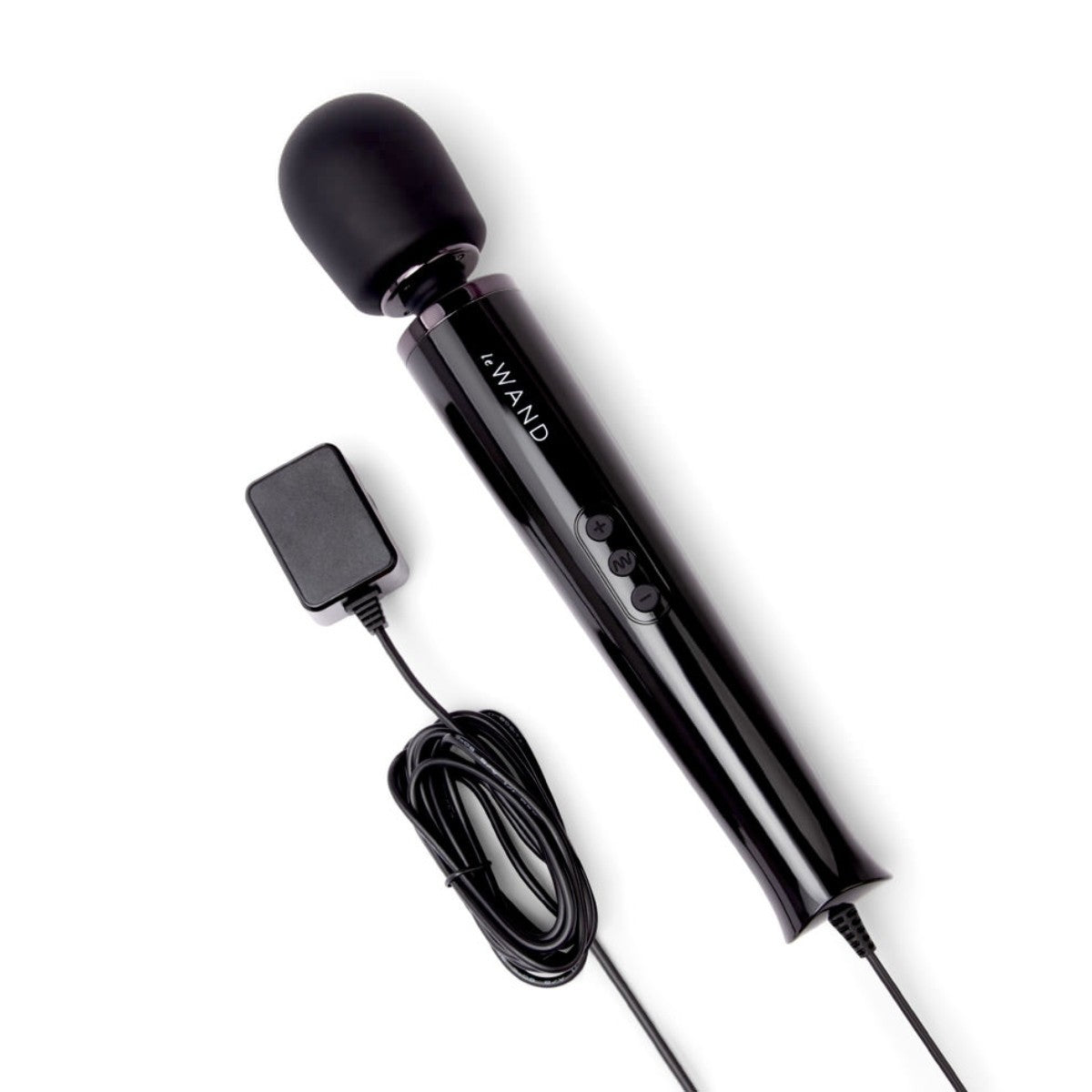 Black handheld device with a cord on a white background