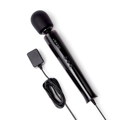 Black handheld device with a cord on a white background