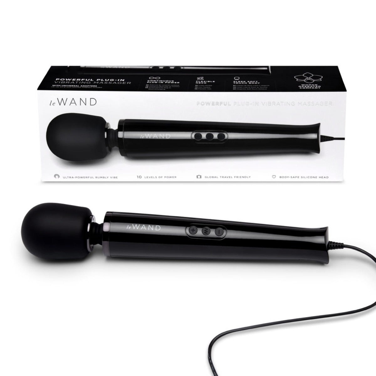 Black handheld electronic device with packaging labeled 'Le Wand' on a white background