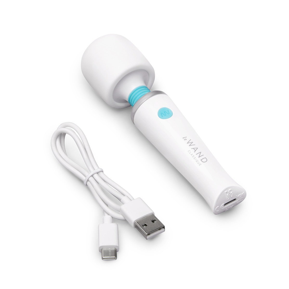 White handheld device with USB cable on a white background