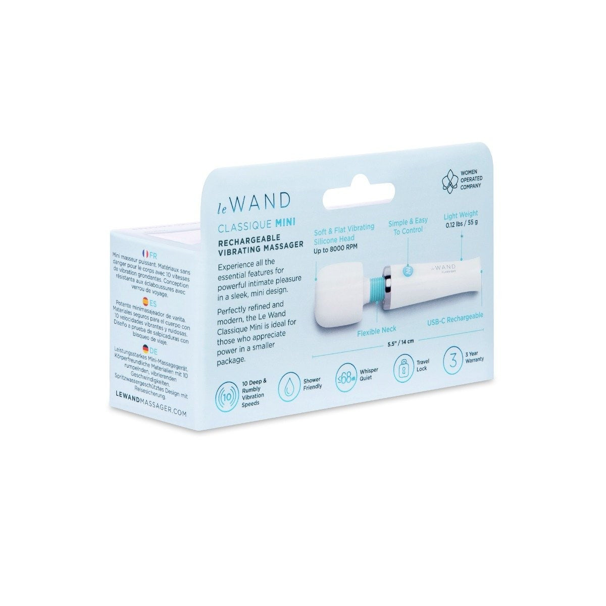 Le Wand Classique Mini rechargeable vibratory massager packaging on a white background