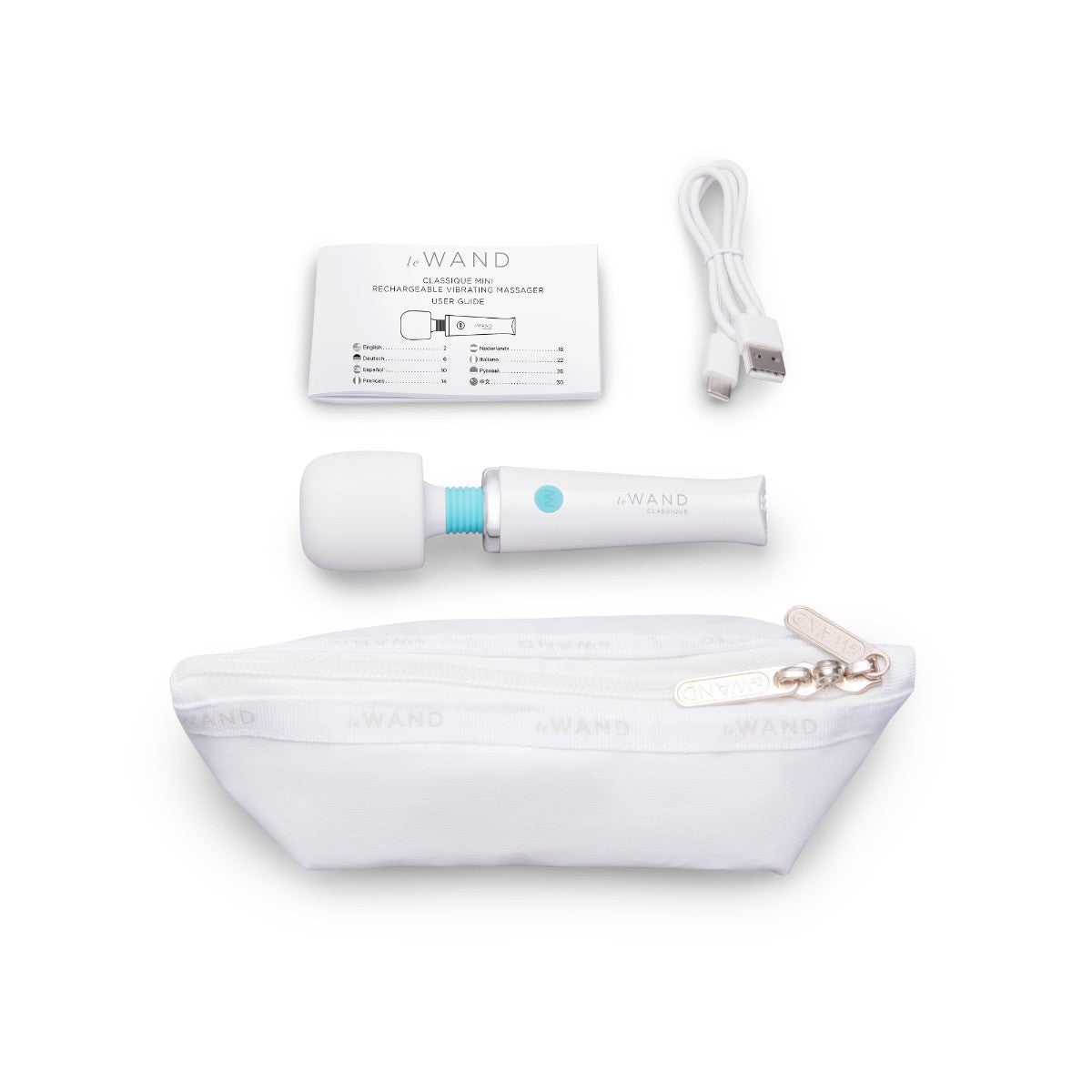 White handheld device with a cable and pouch on a white background