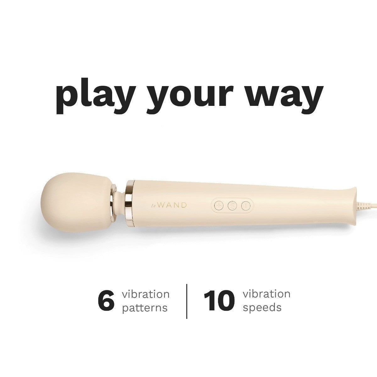 Beige electronic device with text indicating vibration patterns and speeds on a white background