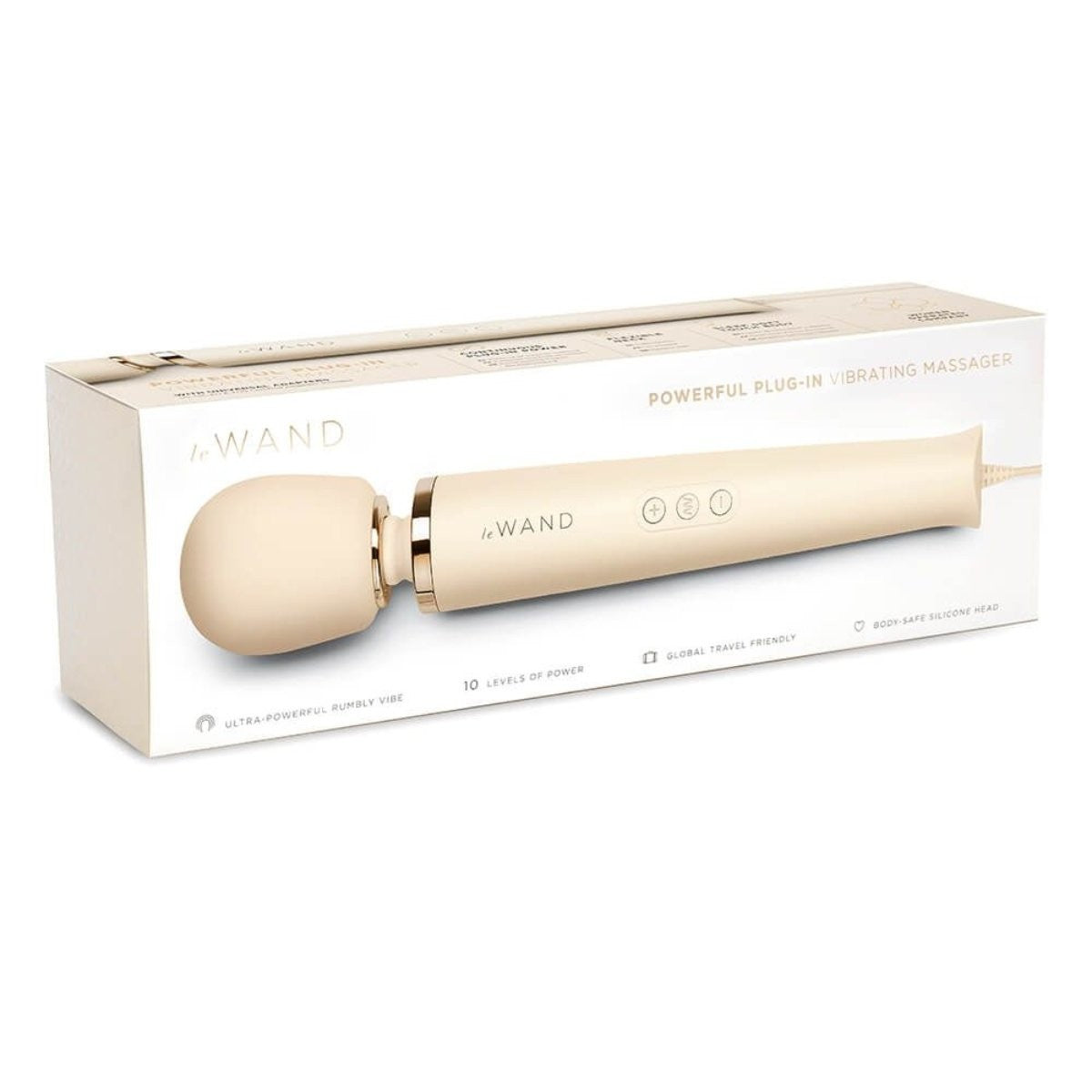 Le WAND powerful plug-in vibrating massager with packaging on a white background