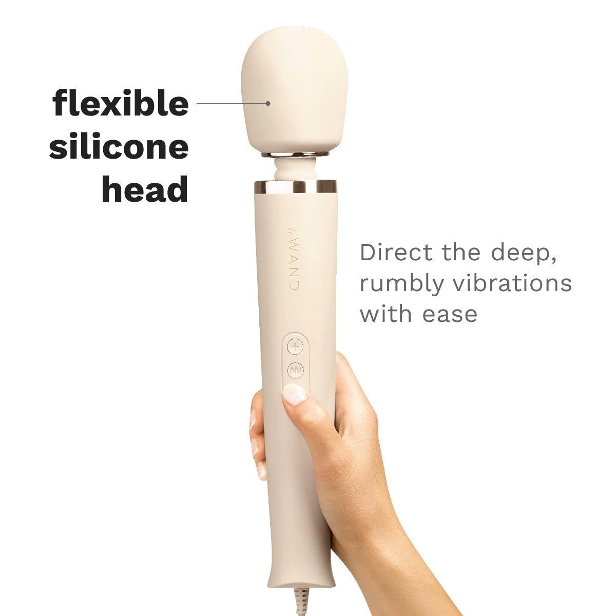 Handheld electronic device with a flexible silicone head, held by a hand on a white background.