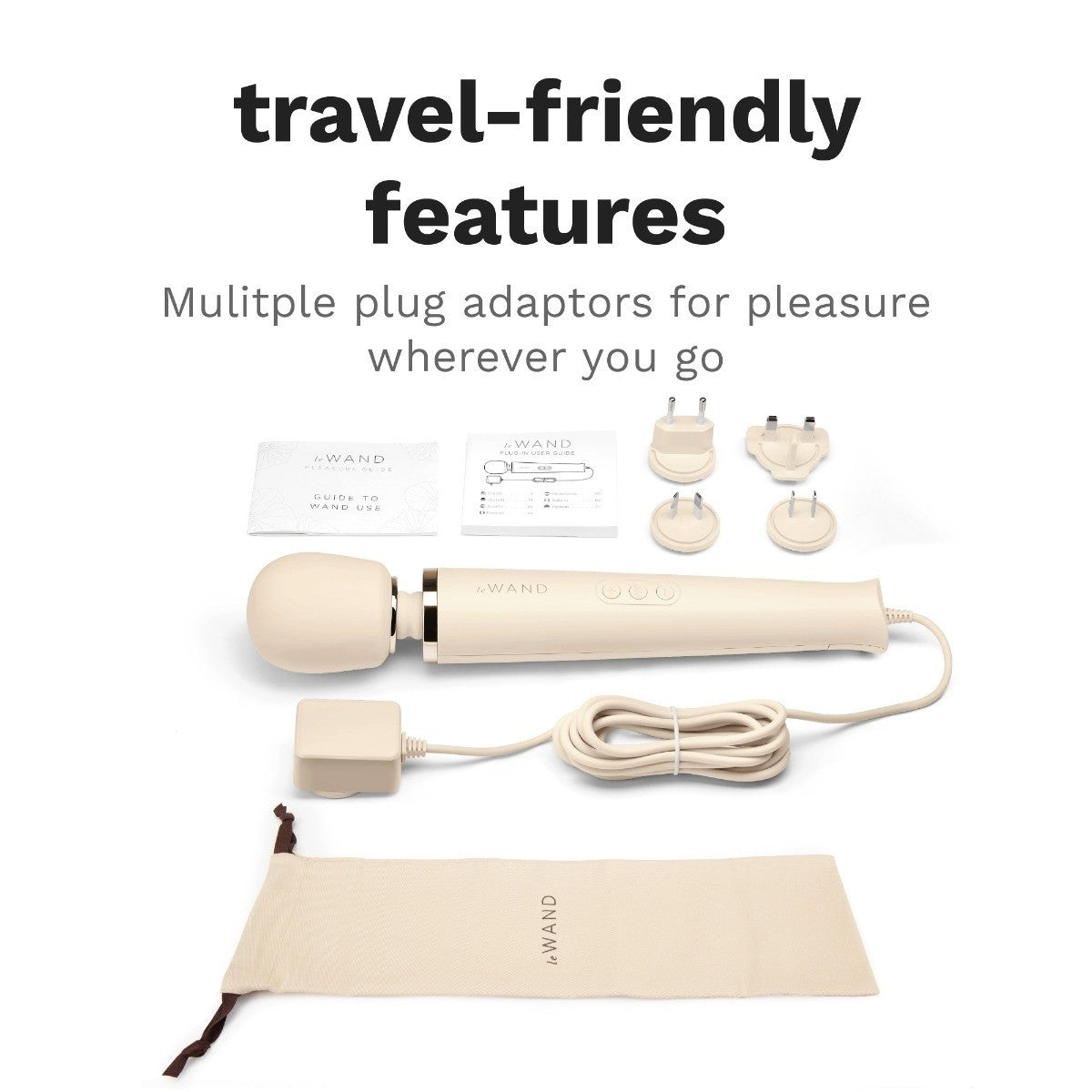 Beige electronic device with multiple plug adaptors on a white background, featuring text about travel-friendly features.